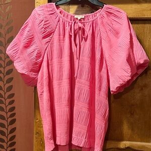 JODIFL Pink Textured Blouse with Tie Neck